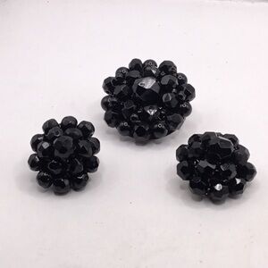 Vintage W. Germany Faceted Black Glass Clip-on earrings matching Brooch